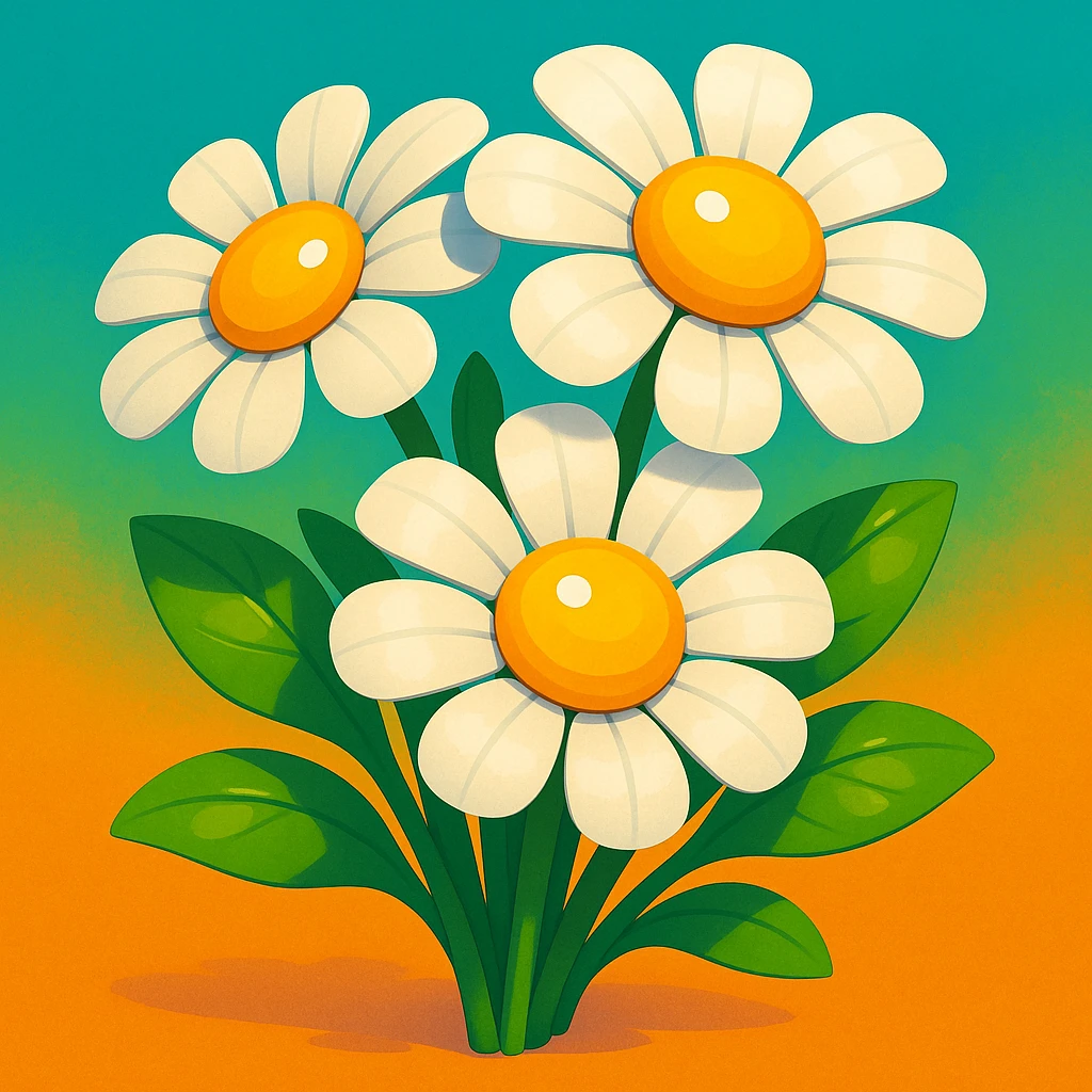 bouquet of three cartoon daisies with white petals and yellow centers, green leaves, shiny and smooth, soft shadows, vibrant and friendly look, Pixar animated movie style emoji