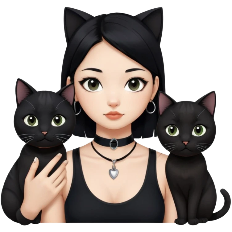 Asian girl, black hair.  Holding two BLACK cats with one cat has a round fat face. Both pure black.  The girl also wearing a black singlet, a black chocker, silver round hook earring, and wearing eyeliner.  emoji