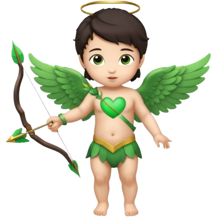 cupid asian baby flying full body with wings with brown eyes and dark hair handled bow and arrow directed to green heart and looking to heart emoji