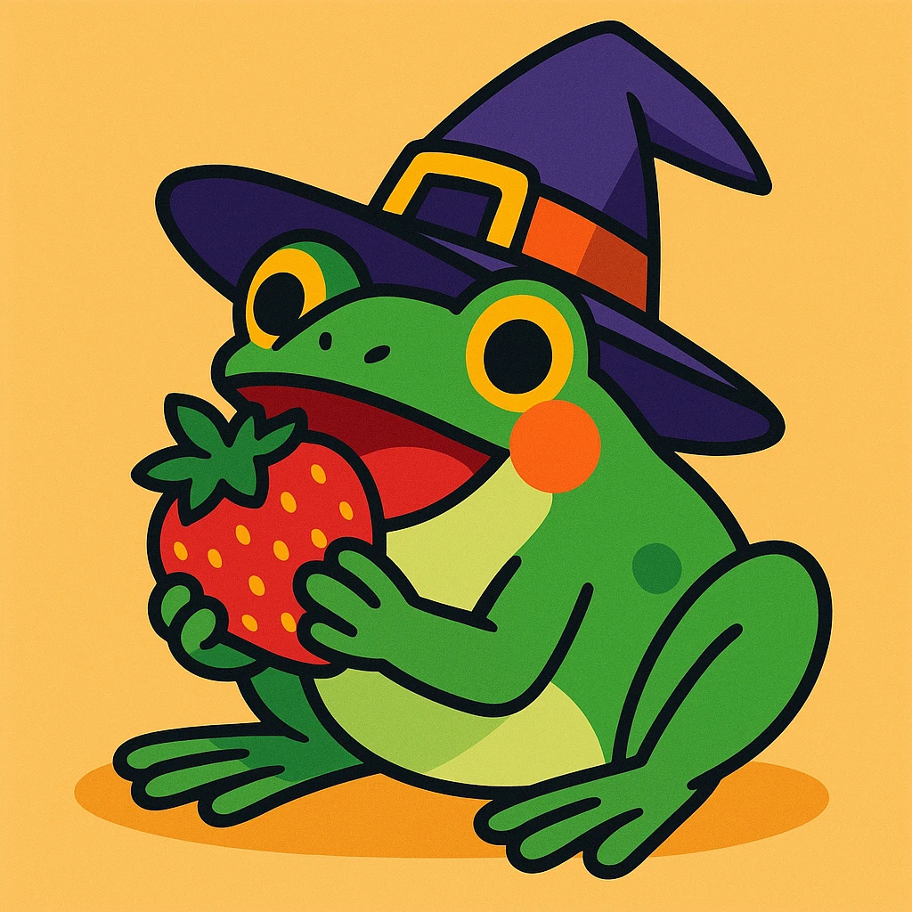 a frog wearing a witch hat and eating a strawberry, cartoon style emoji