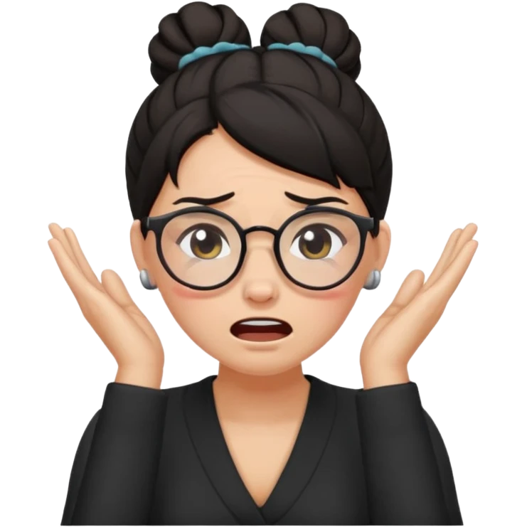 dark haired woma with hair a high bun, wearing glasses covering ears and crying emoji
