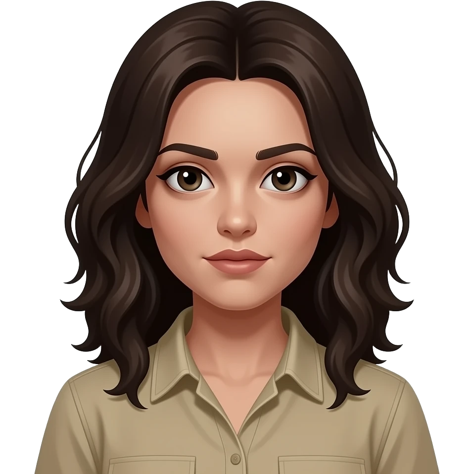 mulher zumbi camisa bege, cabelo ondulado escuro e olhos escuros emoji