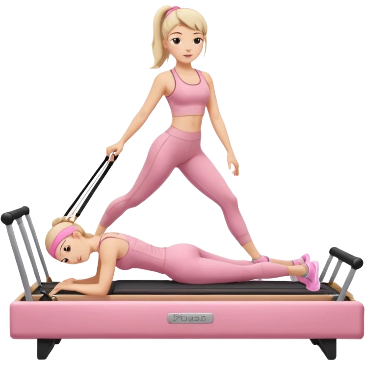 pilates beige reformer girl with pink set of clothes.  emoji