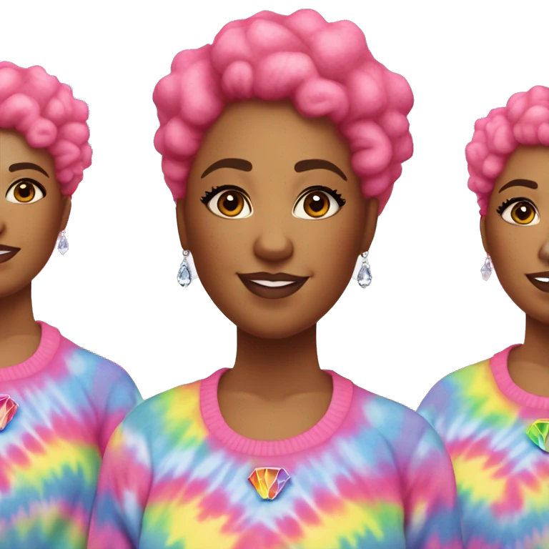 Plus size black woman with pink curly pixie cut hair and a rainbow tie dye sweater , and diamond stud earrings  emoji