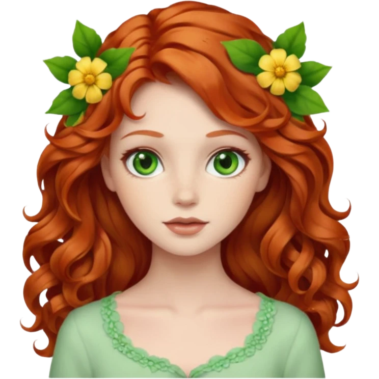 Natural redhead model, green eyes, wavy hair, flowers in hair emoji