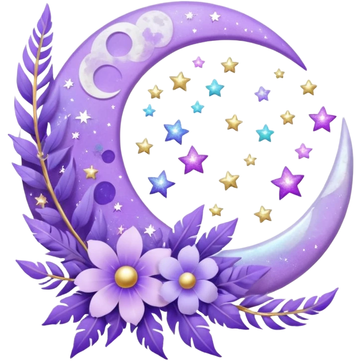 Beautiful poetic ethereal romantic aesthetic sparkly glittery shiny pretty floating pastel lilac lavender Violet -moon and flowers and leaves and feathers and sparkles and stars aesthetic deco emoji