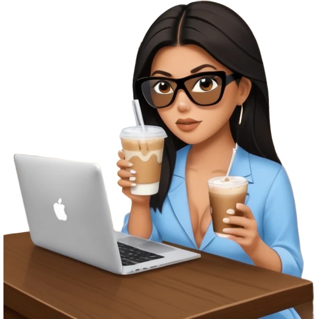 Kourtney Kardashian sitting learning on macbook in her luxury summer home, she has Rhode under eye patches and she's drinking iced latte emoji