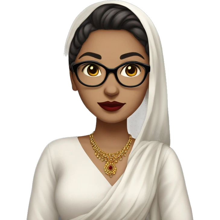 White girl in a salwar kameez, glasses, piercing, red lips, nose ring, full body, teen, short hair black emoji