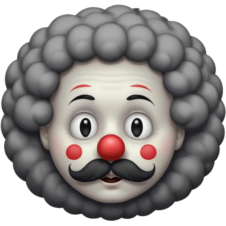 a melancholic clown character with a round gray face, half-closed sleepy eyes with long lashes, a big black round nose, and thick black mustache. Dark fluffy cloud-like hair on the sides of the head.  emoji