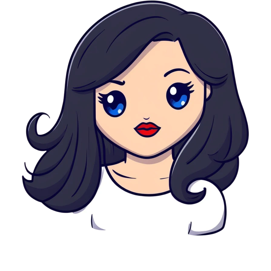character with long jet black hair, blue eyes, and red lips emoji