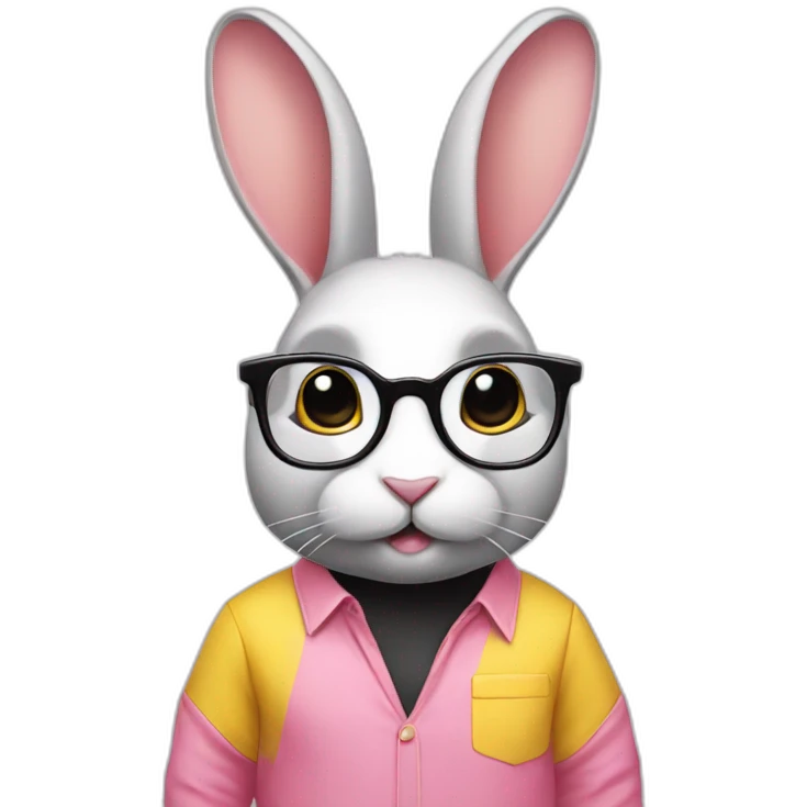 Specialist rabbit pink, glasses black, wears shirt yellow emoji