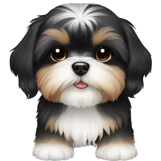 Shih tzu black puppy, yorkie coloring with light colored eyebrows. Round face, short ears. Looks like teddy bear  emoji