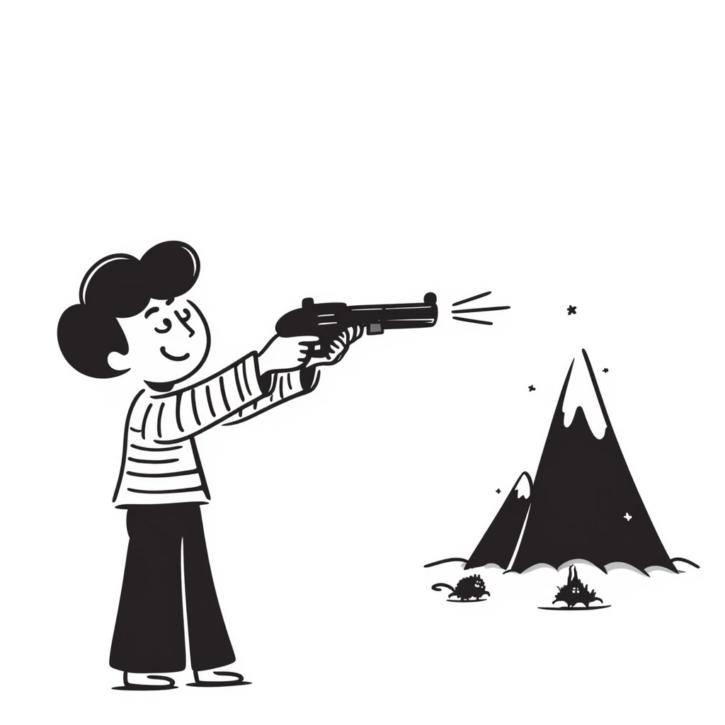 Hand drawn little guy with a toy gun shooting at a mountain with tiny goons emoji