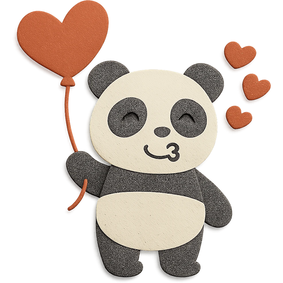 Keep the design unchanged, but make the panda's face look happy while still blowing kisses. Maintain the paper-craft style, heart-shaped balloon, and hearts. emoji