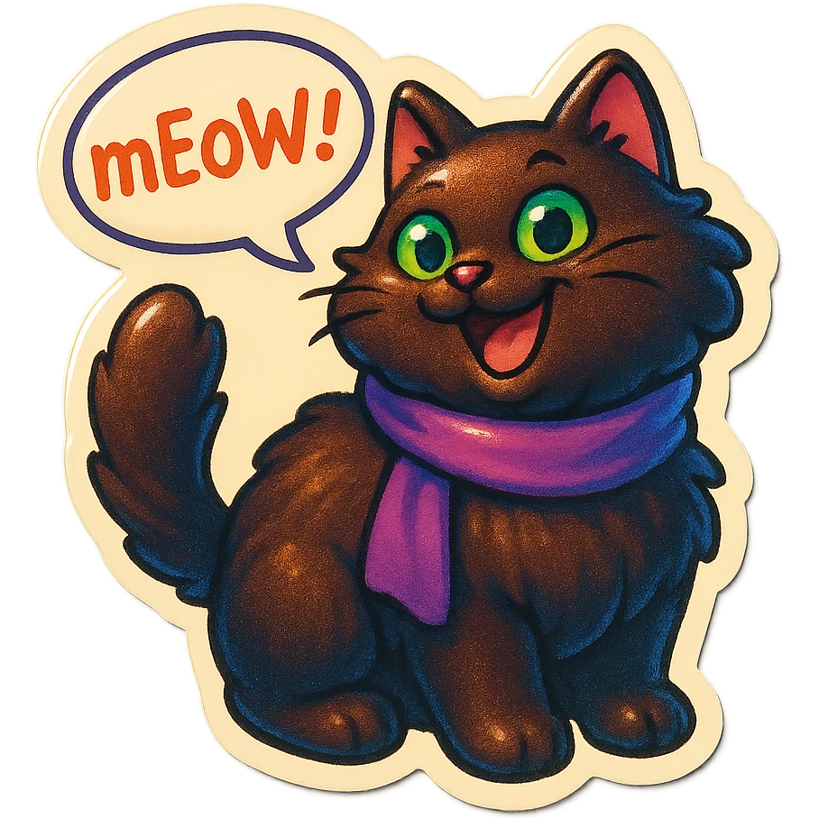 Fluffy cute playfull silly smiling happy dark-brown cat with green eyes and a purple scarf saying ‘mEoW~!’ (With a speech bubble) emoji