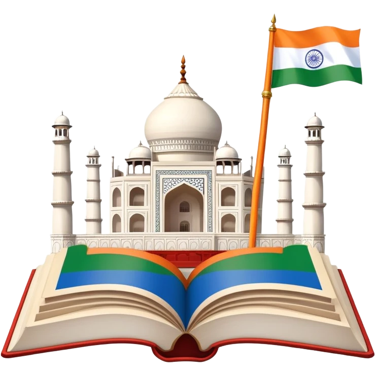 An icon featuring the Taj Mahal and the flag of India, symbolizing the Hindi language. The design includes an open book with Hindi script and a traditional Indian flute, representing language learning and cultural richness. Transparent background highlights the heritage of India. emoji