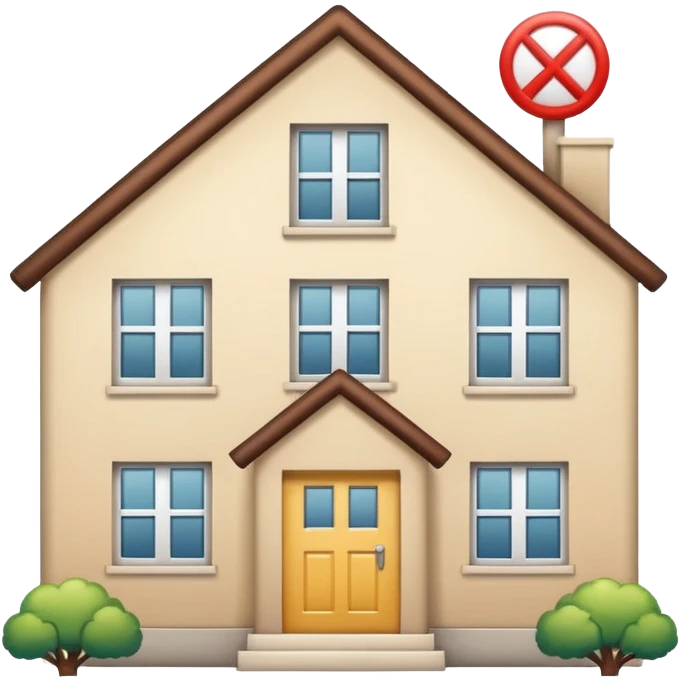 crossed-out dormitory icon next to job, house, and school symbols, clean and optimistic emoji