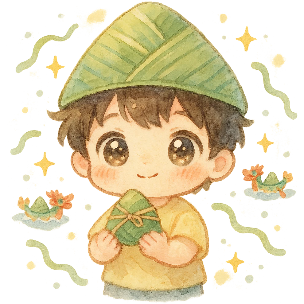 kawaii chibi boy with big sparkling eyes, wearing a rice dumpling hat and holding a mini zongzi, surrounded by tiny dragon boats, floating ribbons, star sparkles, soft pastel background, watercolor style, fluffy and soft lines emoji