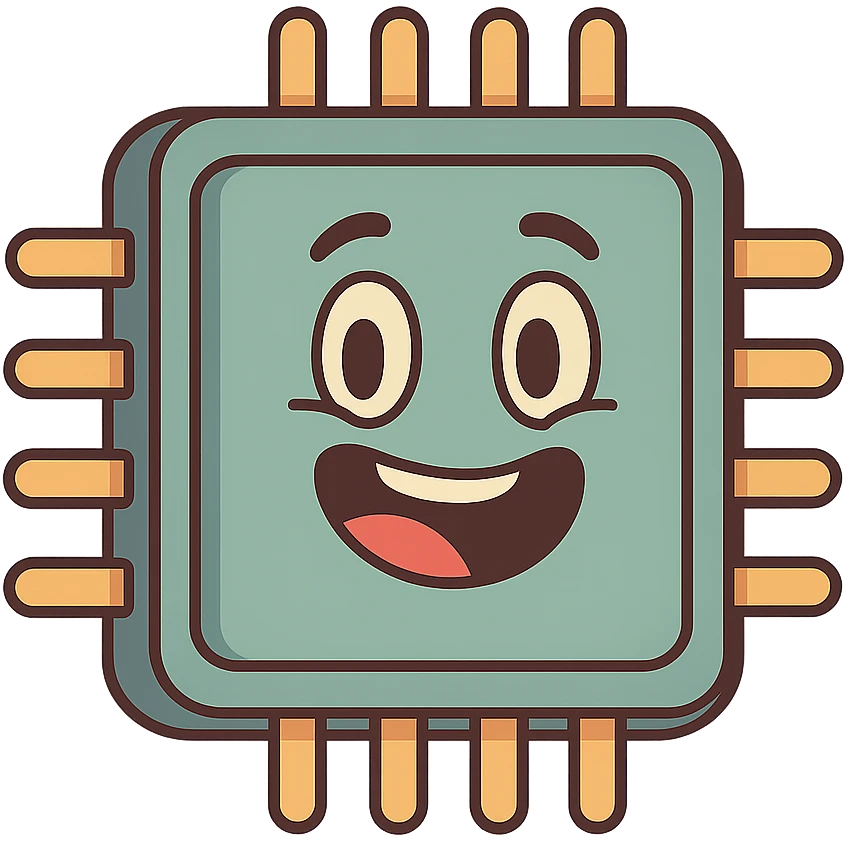 cartoon style CPU chip with smiling face, playful, bright colors emoji