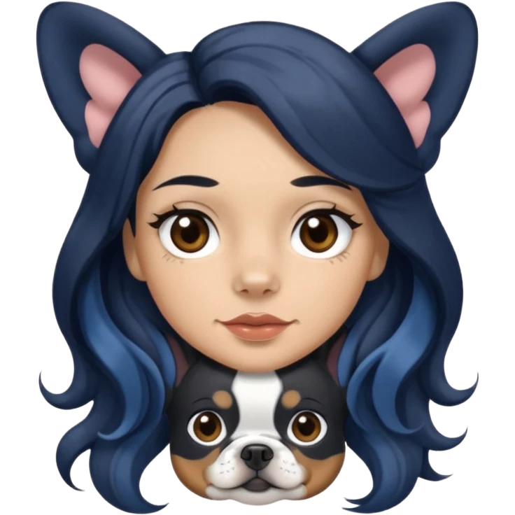 woman with olive skin, brown eyes and long lashes, and long black wavy hair with blue and white Merle frenchie emoji