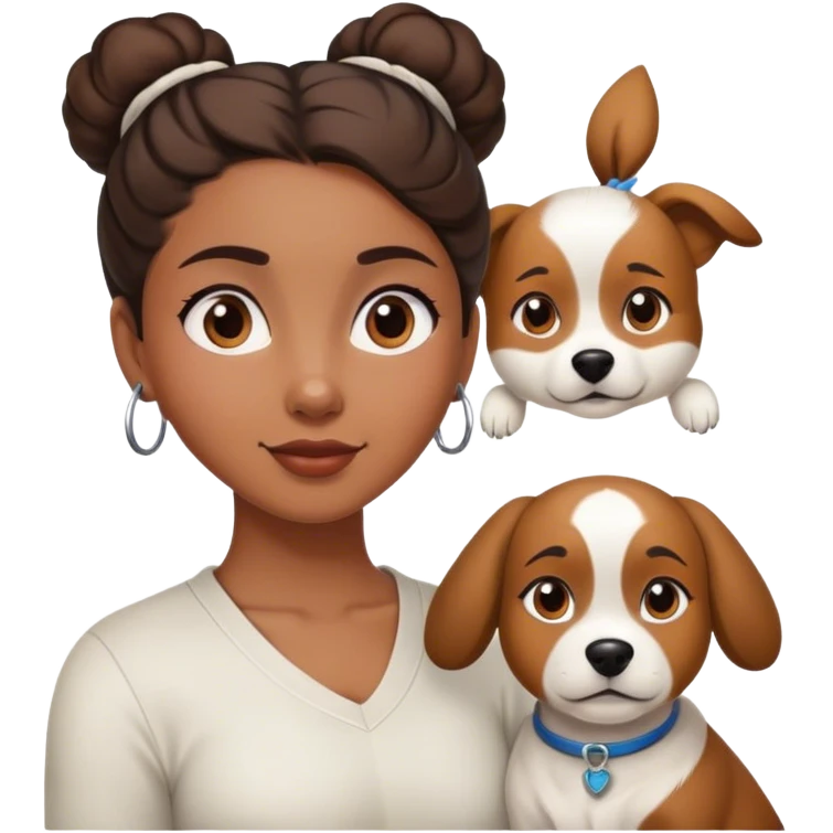 smart, 30 year old, brown girl, back bun hairstyle, with a big white brown dog emoji