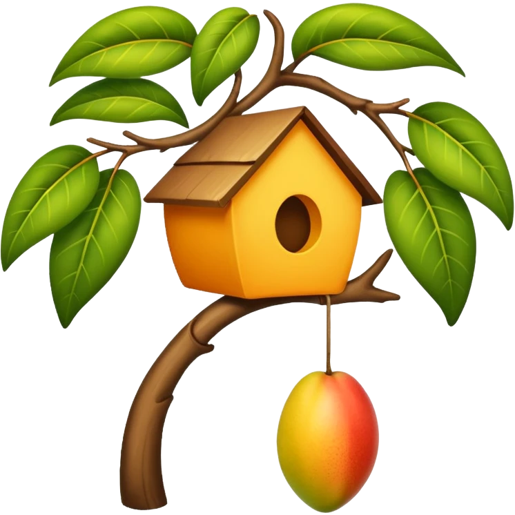 a hanging house on a mango tree branch with a bird beside it, simple and sweet emoji style emoji