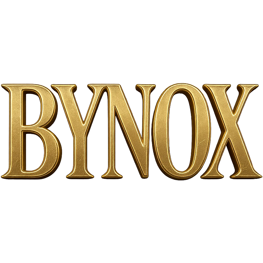 minimal gold and black emoji, 'BYNOX' in center, shiny metallic, premium, 3D, elegant, try a different font style, no background, suitable for Telegram emoji