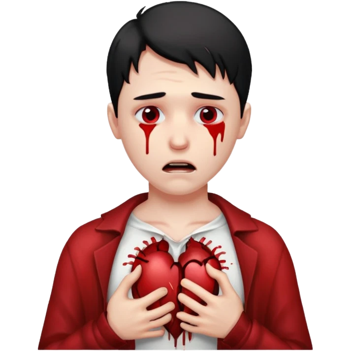 man who is crying and ripping his heart from his chest with lots of blood realistic and scary  emoji