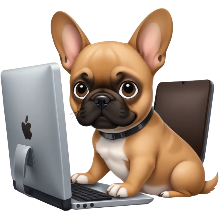 Fawn Frenchie with black muzzle working behind computer emoji
