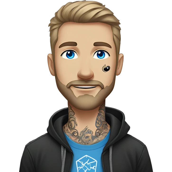 Man with Light brown hair, neck tattoos, arm tattoos, mustache and beard, blue eyes, silver nose piercing hoop, black anime graphic tee emoji