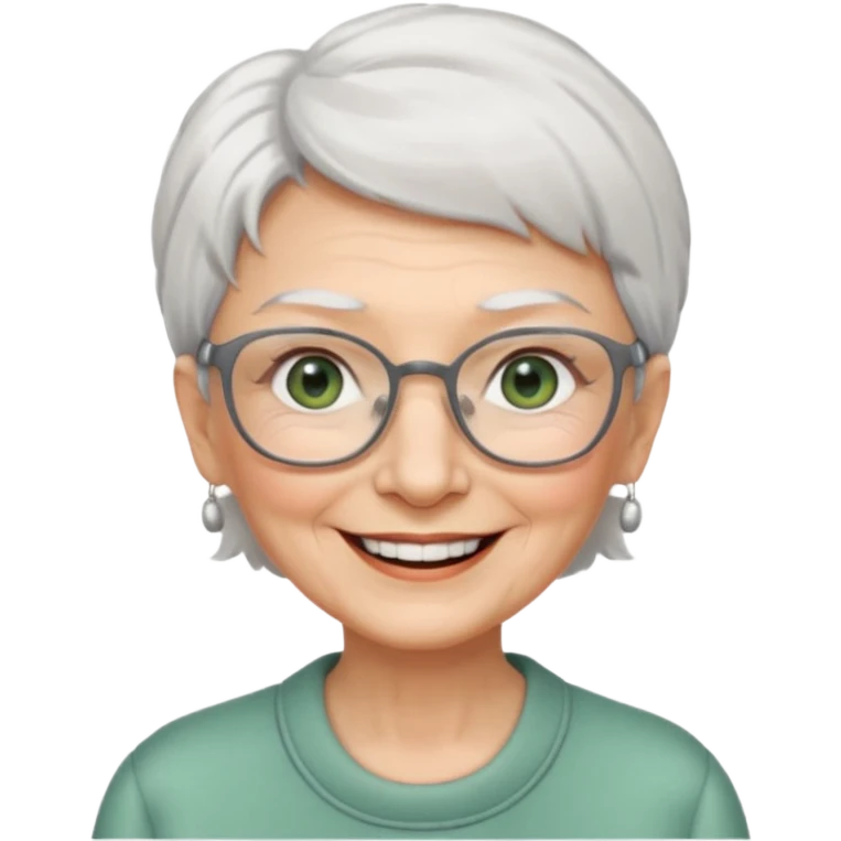 Create me emoji of an old lady. Short white hair to left side. Square glasses. Gray-green eyes. Big smile. emoji