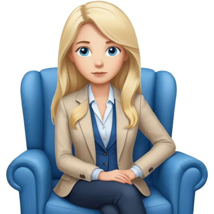 “A young female psychologist with long blonde hair and blue eyes, sitting in a cozy armchair. She is wearing a professional blazer and has a calm, attentive expression. A warm floor lamp stands beside her, casting a soft light, creating a comfortable and inviting atmosphere. emoji