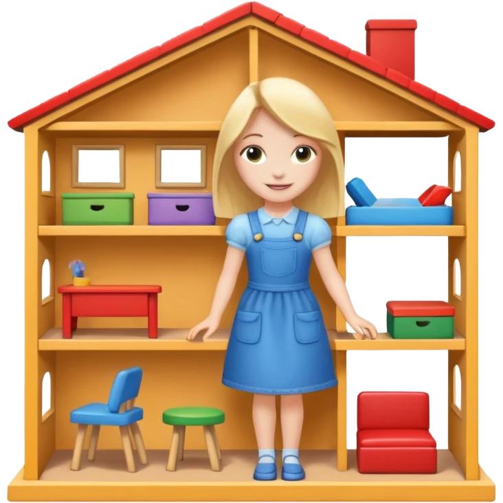 smiling girl arranging furniture in doll house emoji
