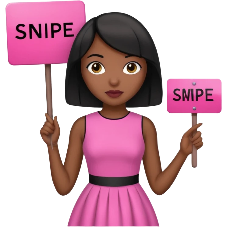 Dark skin woman with black bob in hair holding sign that says snipe  wearing pink dress  pink sign  emoji