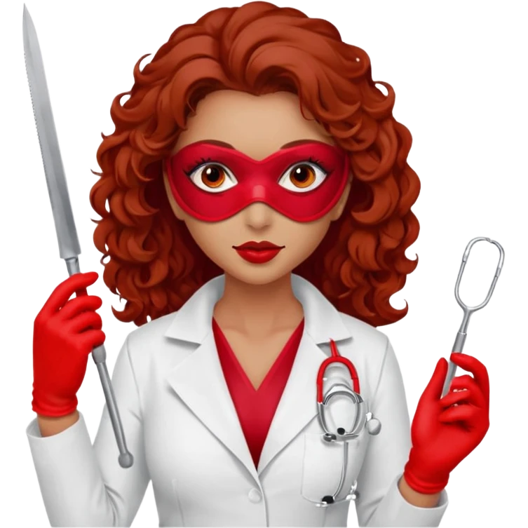 


Scary woman scalpel in hand, evil surgeon sexy surgeon clothes.  She has redcolored  eyes. Her  hair only is free ne brown long curly hair. Wears sexy doctor outfit with red gloves. make her wear red ski mask and nose mask  to hide. Wears white surgeon coat, wears  stilettos emoji