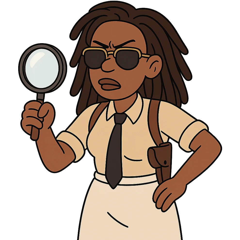 black detective with dreads, aviator sunglasses, white skirt, shoulder holster, cartoon style, holding a magnifying glass emoji