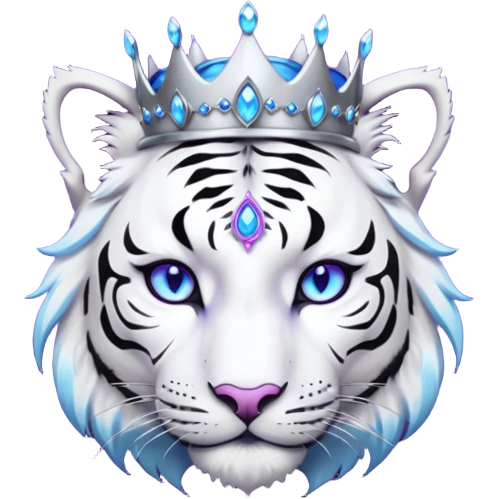 ESO Female white/black tiger khajiit leader of the umbral rose, glowing blue eyes, glowing blue 'third eye' gem; silver crown/tiara with purple gems emoji