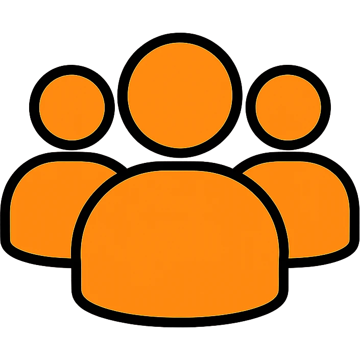 simple icon of a silhouette representing followers: group of stylized people, no facial details, orange color #fe6601, transparent background emoji