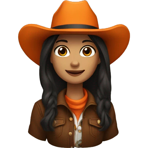 cowgirl straight dark brown hair, orange burnt coat, black hat emoji