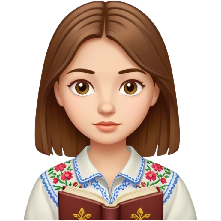 A Ukrainian girl with brown hair in an embroidered shirt reads a book emoji