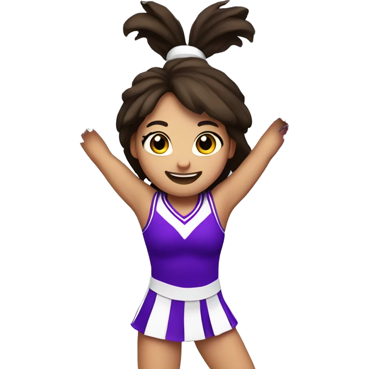 Caucasian cheerleader with dark brown hair, jumping and holding up two purple Pom poms emoji