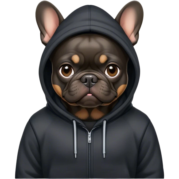 Black French bulldog in a Black hoodie looking like cyber hacker emoji