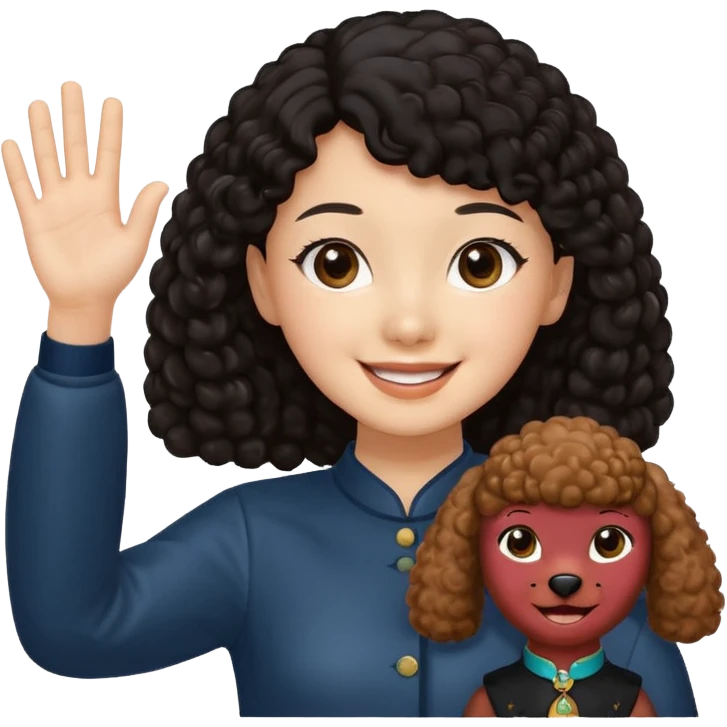 Brown poodle with Asia girl waving left hand emoji