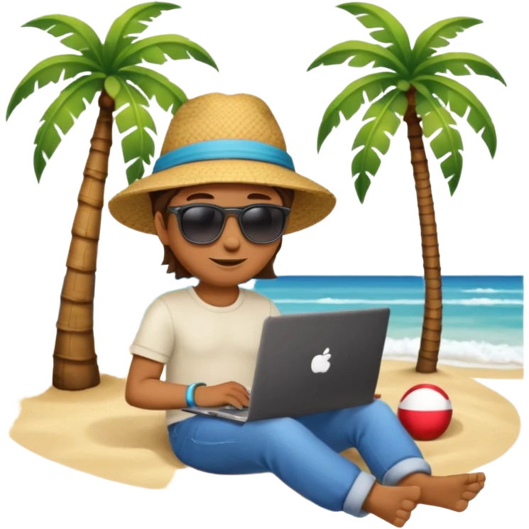 A gender-neutral emoji-style character (🧑‍💻) sitting with a laptop on the beach, next to a palm tree, with sun and ocean in the background. emoji
