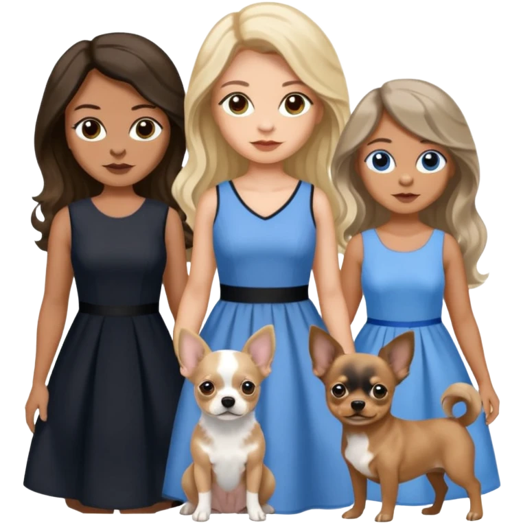 Three women in isolated dresses, brown eyed light skin with dark blonde long hair and Brown eyed light skin black long wavy hair and blue eyed light skin long blonde hair with gray Merle Frenchie and  black and tan chihuahua  emoji