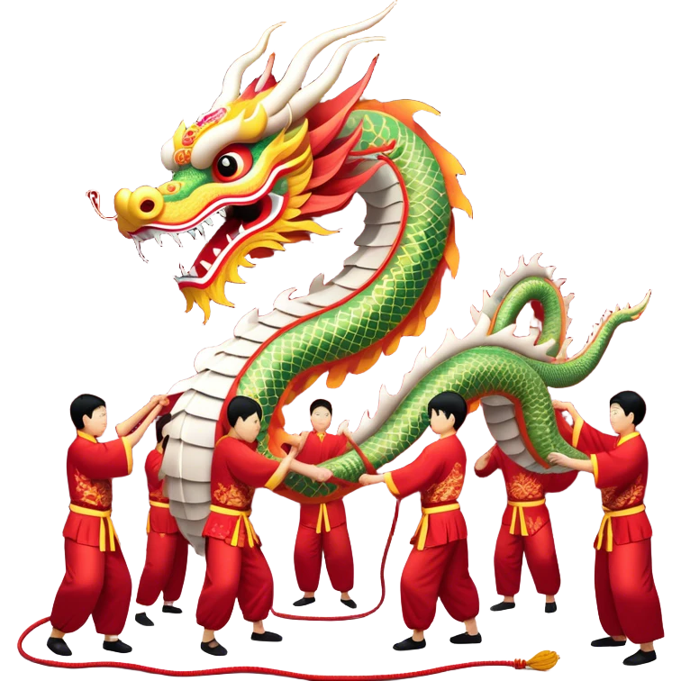 Cinematic Realistic scene of a traditional Chinese Dragon Dance featuring a team of performers skillfully manipulating a colossal, flexible dragon puppet, its intricately detailed, vibrant scales and flowing, embroidered fabric catching the light, set against a festive backdrop of red lanterns and dynamic red-tinged lighting that accentuates the majestic presence of the dragon puppet. emoji