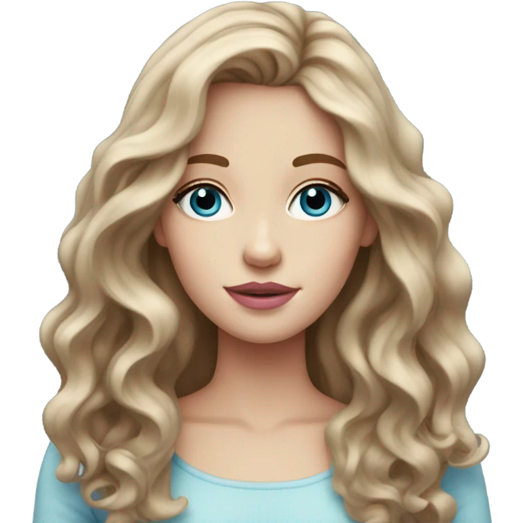 White girl with long brown wavy hair and blue eyes and pink lips  emoji