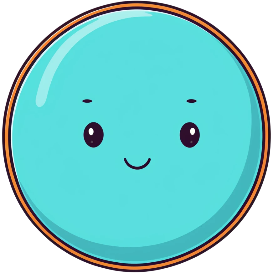 Uranus planet with pale cyan surface, tilted rings, and a friendly face emoji