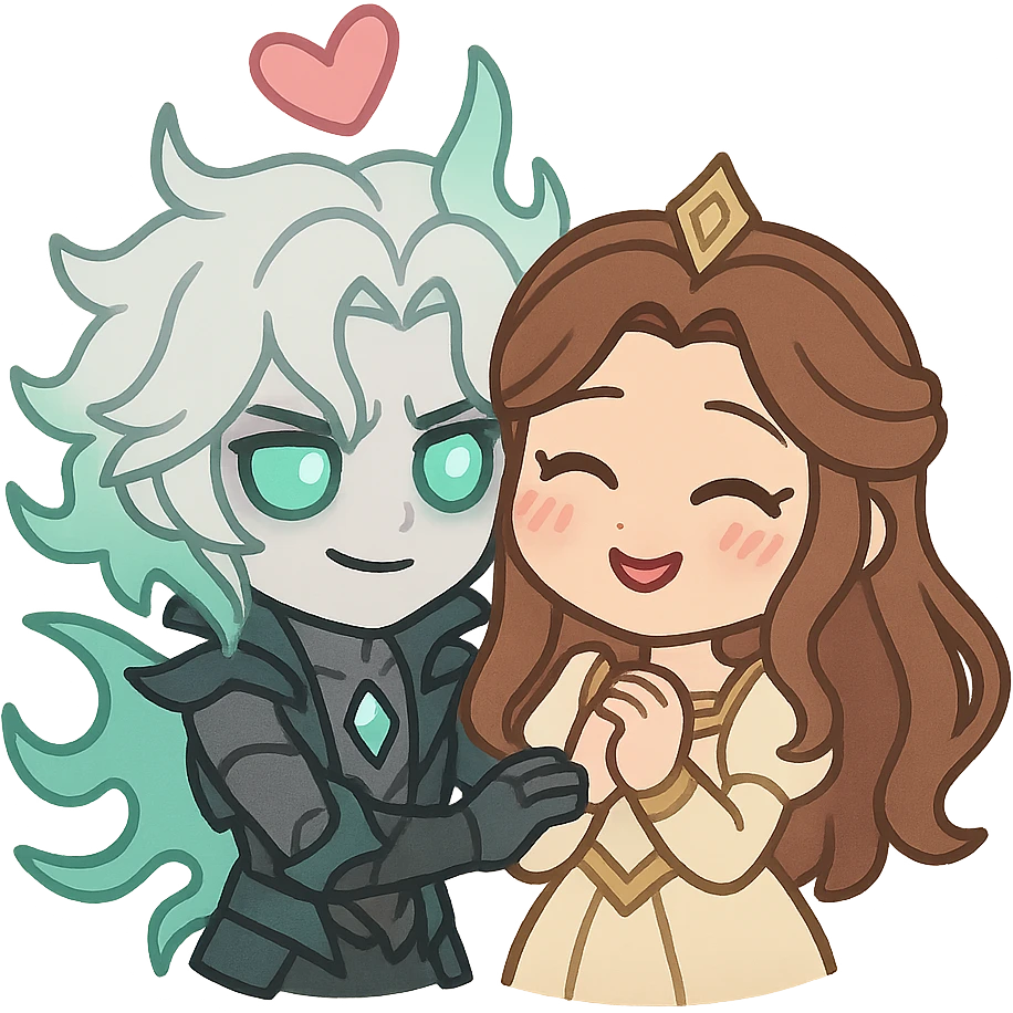 chibi emoji of Viego and Isolde together, cute and expressive, inspired by League of Legends emoji