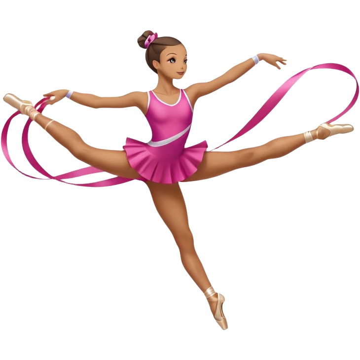 A graceful rhythmic gymnast performing with a flowing ribbon, executing an elegant leap mid-air. The pose exudes flexibility, balance, and artistry. The background suggests a competition arena with soft lighting, emphasizing movement, precision, and the beauty of the sport. emoji